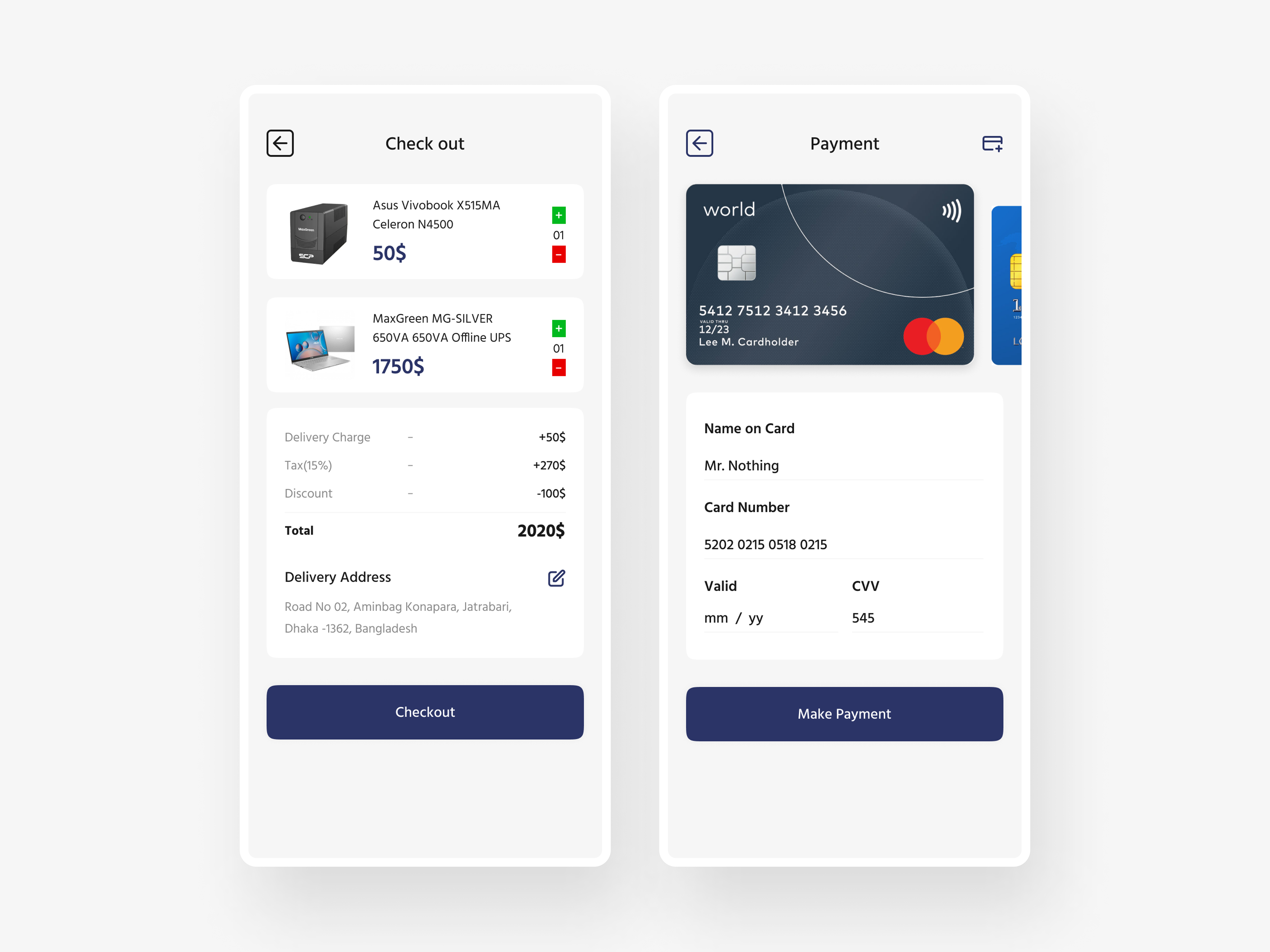 Checkout and payment screen