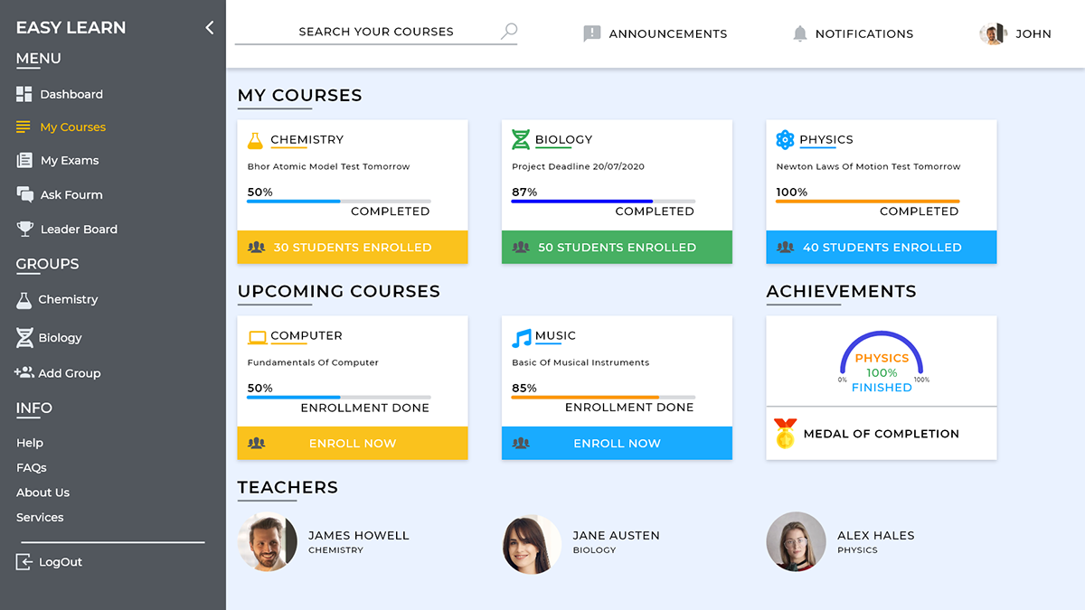 Course dashboard for teachers