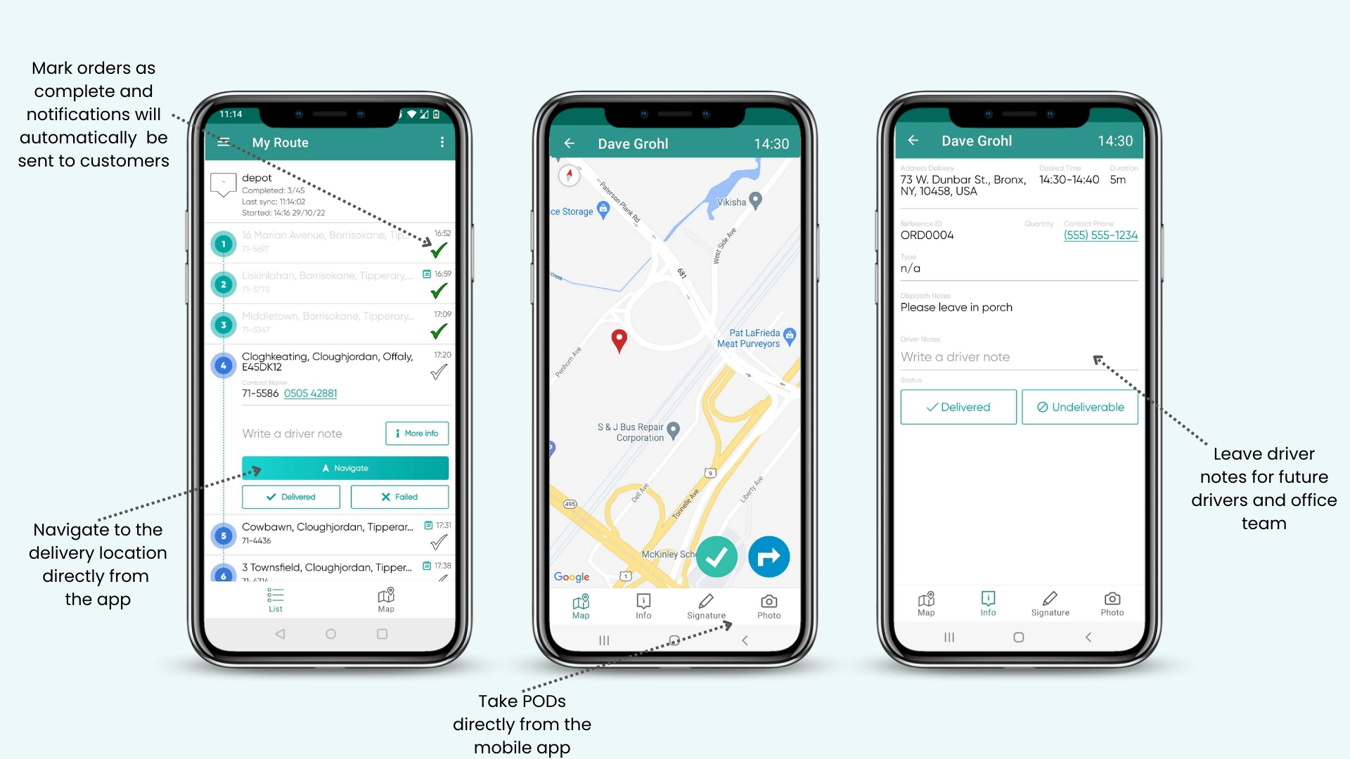 Driver mobile app screen (delivery status, navigation)