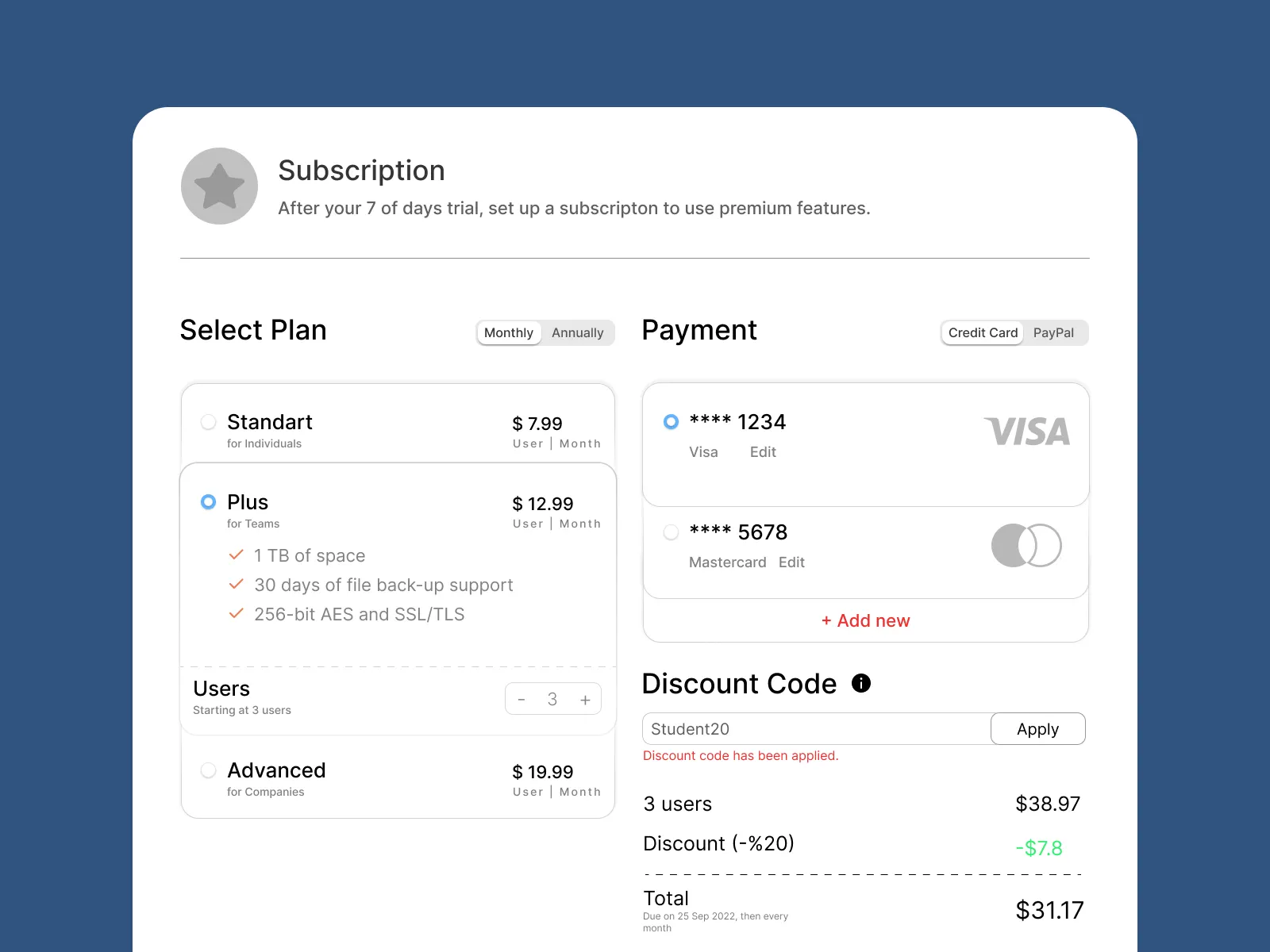 Subscription/payment screen