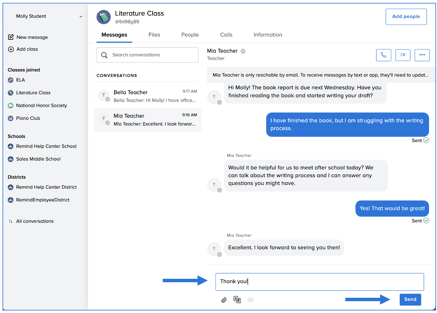 Online chat or discussion screen between teacher and student